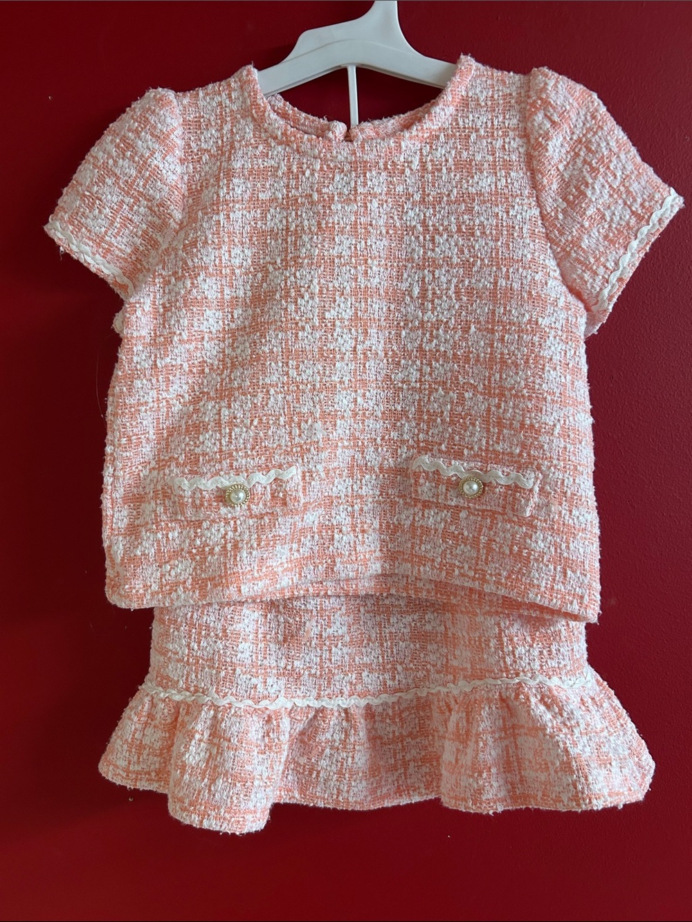 Girls' Peach Tweed Two-Piece skirt Set with Pearl Pocket sz 5